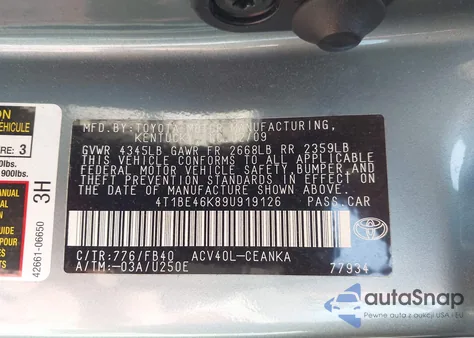 2009 Toyota Camry Le z USA, uszkodzony, nr VIN 4T1BE46K89U919126